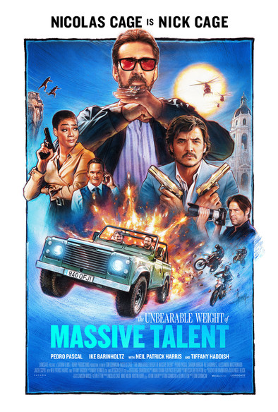 Promotional poster for film "The Unbearable Weight of Massive Talent". It shows an illustration of a montage of characters from the film. The main focus is Nicholas Cage at top center with sunglasses and hands held together in front of his chest in a symbol of respect. At bottom center is a jeep-like vehicle driving away from an explosion. 