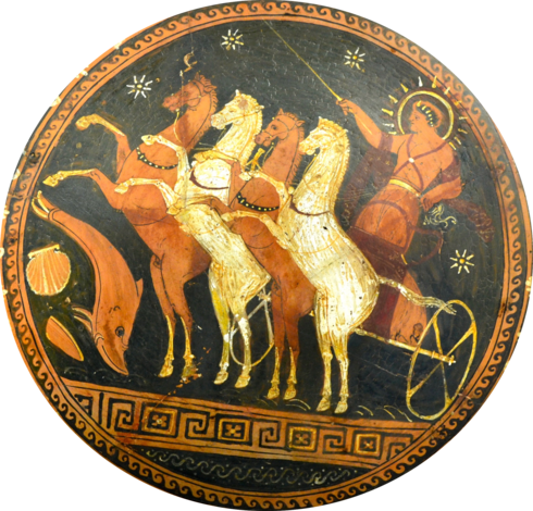 Vase painting of Helios, the Sun, rising from the sea in the morning. He is standing in his chariot, holding the reins and a riding crop. His head is surrounded by a shining aureola. A fish and shellfish represent the sea while stars litter the night sky above.