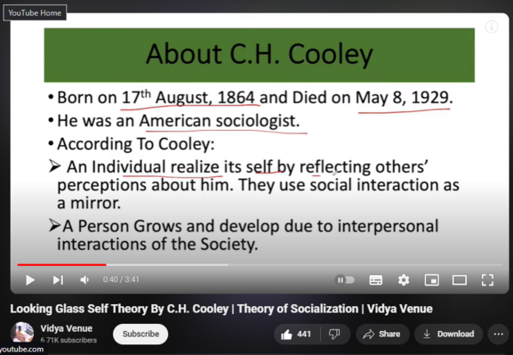 Looking Glass Self Theory By C.H. Cooley | Theory of Socialization | Vidya Venue

https://www.youtube.com/watch?v=vAzsBj6yTpw
18,852 views  10 Aug 2020  Educational Psychology
Hello Everyone
This Theory is all about Building ourselves with the perceptions of others...
How others thinks about us forces us to change ourselves.
This Theory is Given By C.H. Cooley an American Sociologist.
Hopefully it would be beneficial for you.


I am a teacher by profession and a life long learner.
I am here to inculcate knowledge which i learn throughout my life.
Hope for the love and support from You all.