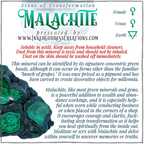 A raw chunk of green malachite sits against a white background. Some slices have been made into the specimen to show the telltale layers and concentric green circles. The text explains malachite's metaphysical correspondences, some trivia about its past, and ways to use it in your magickal practice. Presented by Inked Goddess Creations.