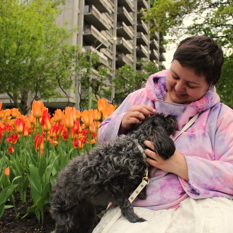 A woman with short brown hair about an inch and a half long wearing a tie-dyed light pink and purple sweater and a lacey white skirt smiles down at and pets a small black and silver dog. The dog is a miniature poodle and Yorkshire terrier mix. Behind them is a garden bed of tulips. Some are orange, others are yellow and red.
