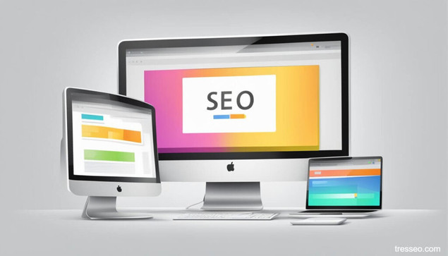 An illustration of three computers on a platform; one larger one in the middle displaying the word "SEO" between two smaller computers displaying vague websites
