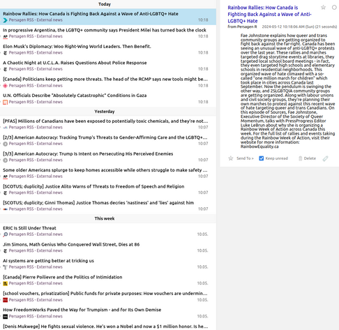 Pg-RSS external news feeds: Sunday 2024-05-12
News/analytics re: abuses of wealth, power, influence

📱 1-col: https://persagen.com/rss/pg-extnews.m.xml
💻️ 2-col: https://persagen.com/rss/pg-extnews.xml
🌐 Click title to go to external news source

Updated throughout the day
Victoria, Persagen.com 🙏

#persagen #news #CurrentEvents #politics #wealth #power #influence #ideology #populism #CultureWars #discrimination #HumanRights #LGBTQ+ #justice #climate #environment #capitalism #inequality #SocialJustice

Image: Pg-RSS news feed