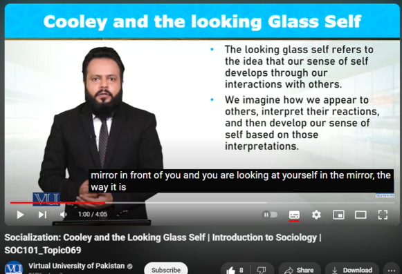 https://www.youtube.com/watch?v=Xa-PD1YVxj4
Socialization: Cooley and the Looking Glass Self | Introduction to Sociology | SOC101_Topic069


250 views  27 Sept 2023  SOC101 | Introduction to Sociology
SOC101 - Introduction to Sociology,
Topic069: Socialization into the Self and Mind - Cooley and the Looking Glass Self,
By Dr. Imran Sabir
@thevirtualuniversityofpakistan