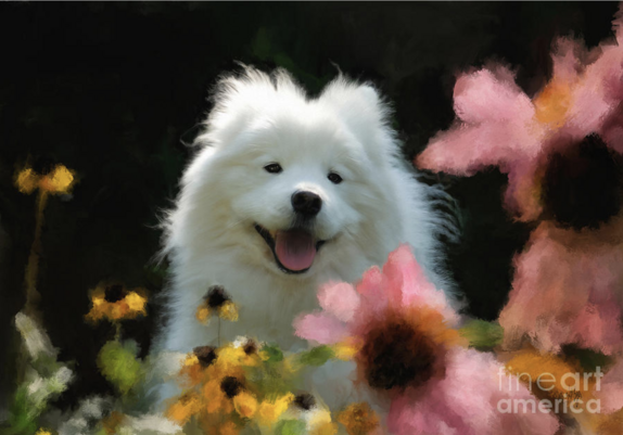 You are sitting in your favorite chair in the garden and happen to glance up at the perennial terrace. The sight of the sunlight coming through the petals of the cone flowers and black eyed susans always brings a smile. Your darling Samoyed pup is up there, too ... smiling away at you and at the world. She's a happy gal!!

https://lois-bryan.pixels.com/featured/happy-gal-in-the-garden-lois-bryan.html