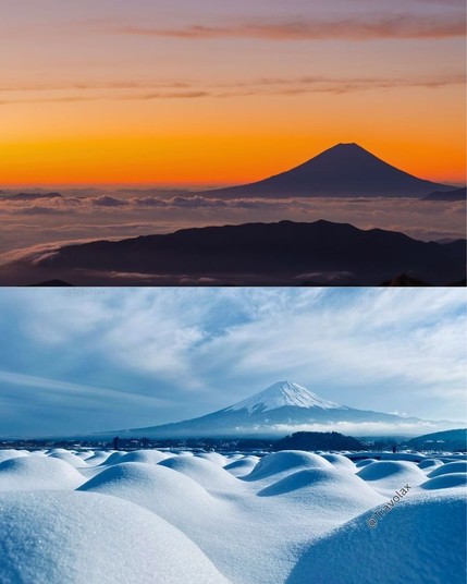 Summer and Winter at Mount Fuji in Japan