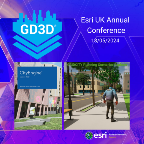 GD3D promotional image with some screenshots of game engine interactive environments. For the EsriUK Annual Conference.
