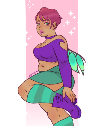 A plus size girl with purple and short hair dressed as a Kandrakar Guardian from Italian graphic novel W.i.t.c.h., Wich consist of a purple shoulder less long sleeved top, a teal mini skirt open at the side and knee high stripped socks with deep purple heel ankle boots