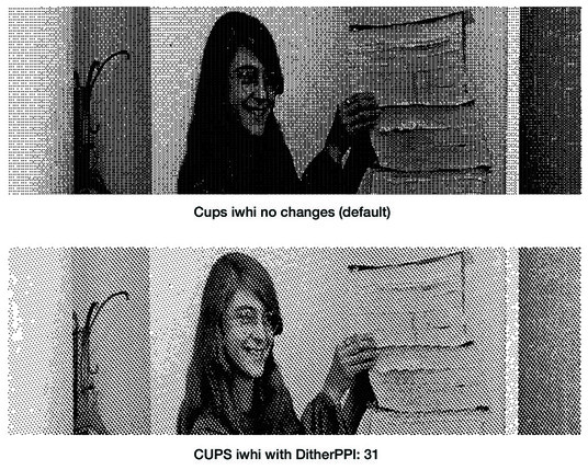 Two simulated test prints of Margaret Hamilton standing next to a stack of books. The top print is dark (labeled CUPS iwhi no changes/default). The bottom print is lighter with more clarity (labeled CUPS iwhi with DitherPPI: 31).