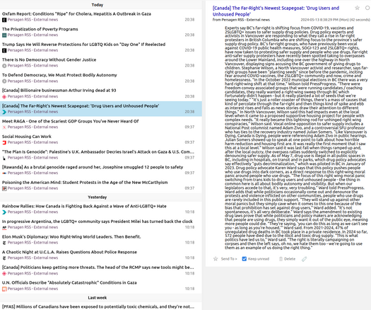 Pg-RSS external news feeds: Monday 2024-05-13
News/analytics re: abuses of wealth, power, influence

📱 1-col: https://persagen.com/rss/pg-extnews.m.xml
💻️ 2-col: https://persagen.com/rss/pg-extnews.xml
🌐 Click title to go to external news source

Updated throughout the day
Victoria, Persagen.com 🙏

#persagen #news #CurrentEvents #politics #wealth #power #influence #ideology #populism #CultureWars #discrimination #HumanRights #LGBTQ+ #justice #climate #environment #capitalism #inequality #SocialJustice

Image: Pg-RSS news feed
