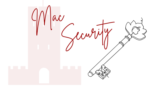 Mac Security / A continuous line drawing of an antique key with the Apple logo on it, over a pale red castle background. - Illustration by Michael Blank