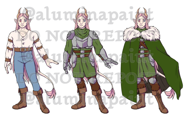 three outfits on a person with long, pink hair, horns, pointy ears and a tail, one eye is red and the other blue. The outfit on the left are simple blue breeches and a white shirt with brown belts and details, in the middle a green tunic with armor pieces over it on the chest, shoulders, knees and hips plus gauntlets, and the right is the same outfit but with a long green cloak over it, with fur details.
