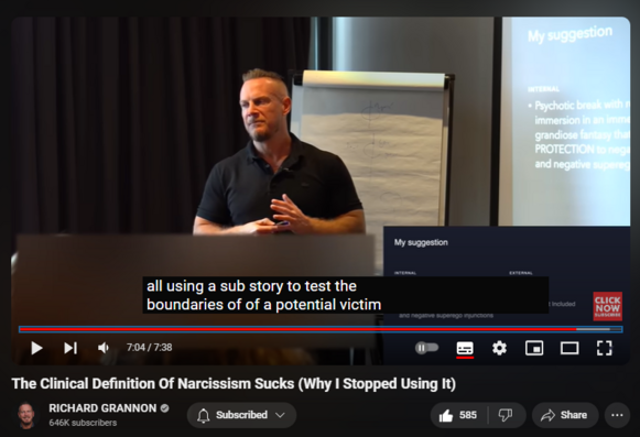 https://www.youtube.com/watch?v=ysIuqHgnbTw
The Clinical Definition Of Narcissism Sucks (Why I Stopped Using It)
9,671 views  Premiered on 29 Apr 2024
Join us for the Live Event In Liverpool on May 25th https://www.richardgrannon.com/event/...