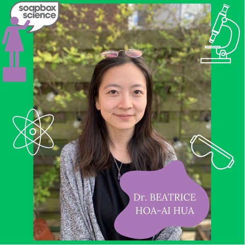 Photo of Béatrice (Hoa-Ai) Hua in a Soapbox Science Frame in a green background