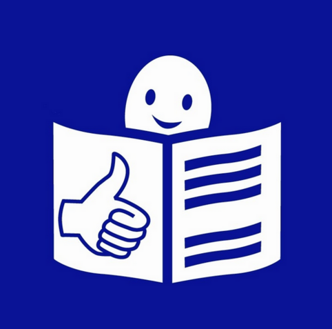 Logo du FALC : un dessin d'un bonhomme lisant un livre, sur une page un pouce et de l'autre côté des lignes. Ce dessin est en blanc sur fond bleu 