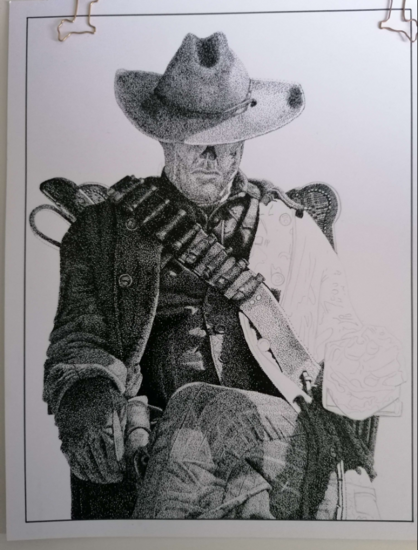 In progress stippled black and white image of the Ghoul from the Fallout TV show sat in a chair with his hat covering his eyes