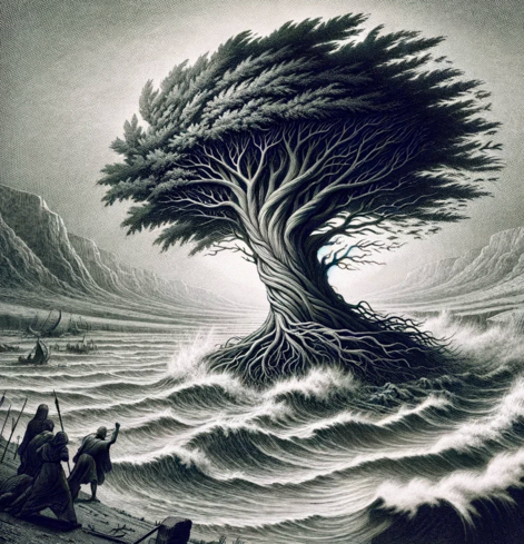 A majestic, solitary tree stands tall amidst powerful waves. The tree, with twisted branches reaching skyward, is surrounded by a tumultuous sea, indicating a great storm. In the foreground, three figures watch the scene, conveying a sense of awe and wonder.