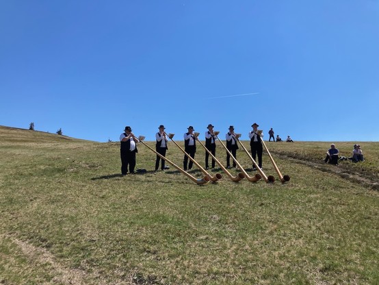 Eine Gruppe von sechs Alphornbläsern