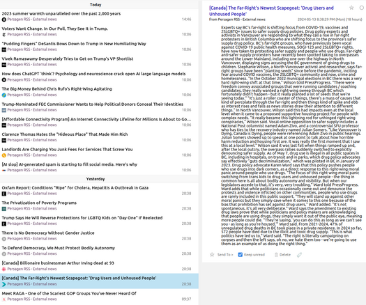 Pg-RSS external news feeds: Tuesday 2024-05-14
News/analytics re: abuses of wealth, power, influence

📱 1-col: https://persagen.com/rss/pg-extnews.m.xml
💻️ 2-col: https://persagen.com/rss/pg-extnews.xml
🌐 Click title to go to external news source

Updated throughout the day
Victoria, Persagen.com 🙏

#persagen #news #CurrentEvents #politics #wealth #power #influence #ideology #populism #CultureWars #discrimination #HumanRights #LGBTQ+ #justice #climate #environment #capitalism #inequality #SocialJustice

Image: Pg-RSS news feed