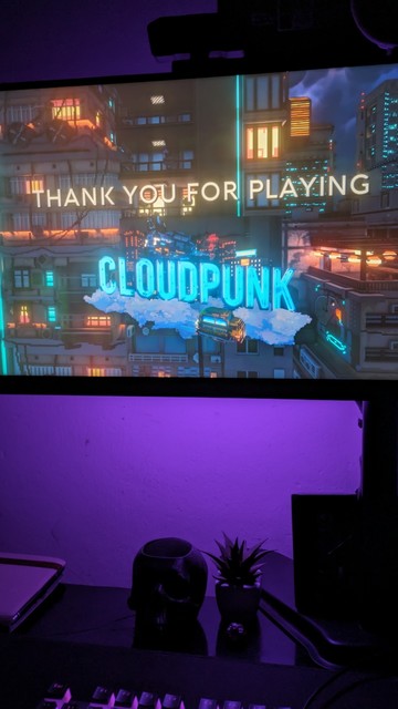La pantalla final del juego que dice " Gracias por jugar cloudpunk"
