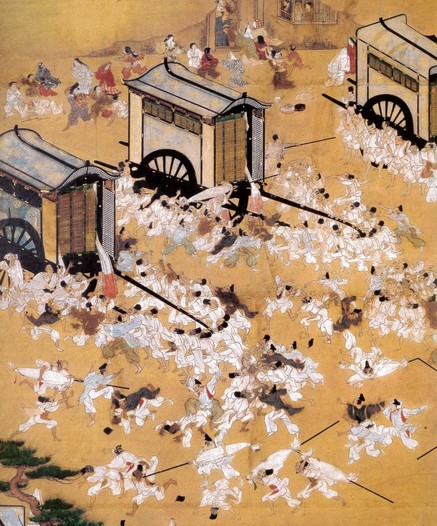 Woodblock print showing Chapter 9 of The Tale of Genji. Lady Rokujo's carriage is rudely forced aside by servants of Lady Aoi (Genji's wife).

Image thanks to - https://ukiyo-e.org/