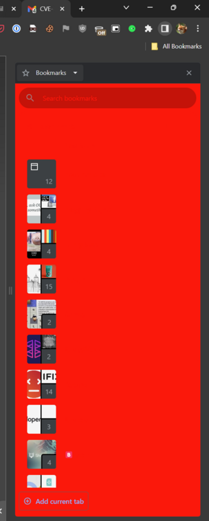 Screenshot of the Chrome side panel opened to the bookmarks view. The background of the tab is red for some reason. The text color is also red, making it impossible to see unless you notice the 🅱️ in one of the labels.