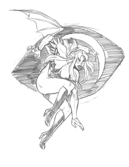 Morrigan Aensland from Darkstalkers/Vampire Savior/et al, the Capcom fighting game franchise. She looks mad. She’s pulled her wings high back as she preps to drop while staring right at you.