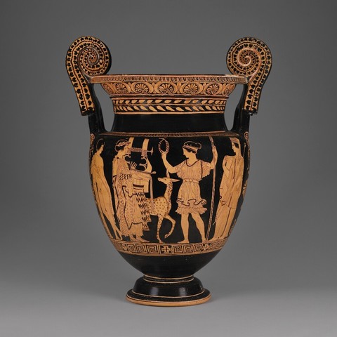 Red-Figure volute krater depicting Hermes, Apollon, Artemis, and Leto. Apollo holds a kithara, denoting his role as god of music, and Artemis, the goddess of the hunt, is accompanied by her sacred deer. Their mother Leto stands at the right. On the left, the god Hermes leans on a pillar inscribed with his name.