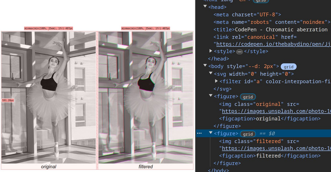 Image of a ballet dancer, shown in both the original and filtered (with chromatic aberration) versions. DevTools open on the right to show it's just one image with an SVG filter applied, no layering or anything.