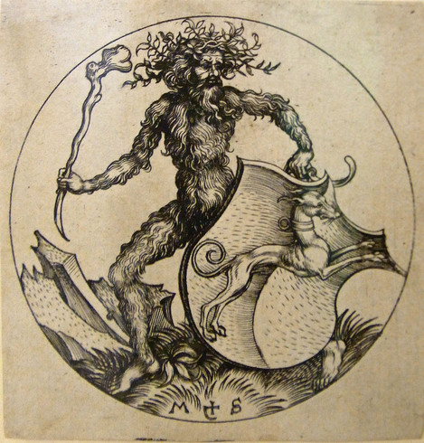 An engraving by Martin Schongauer depicting a hairy wild man holding a shield with a Greyhound