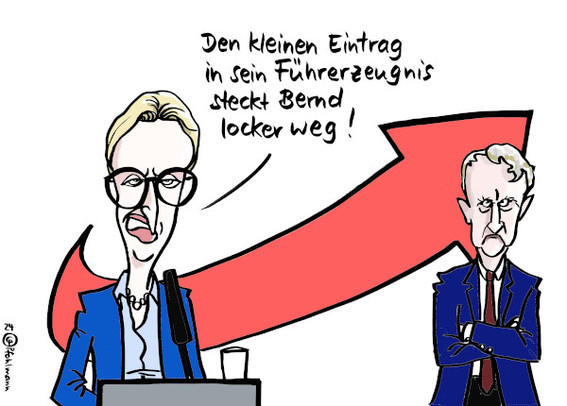 Alice Weidel im Vordergrund (im Hintergrund steht der etwas grummelige Björn Höcke mit verschränkten Armen) von der Afd spricht in ein Mikrofon: "Den kleinen Eintrag in sein Führerzeugnis steckt Bernd locker weg!"