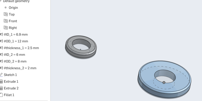 The "onshape" web-based parametric CAD modeling interface shows shaded models of a pair of O-rings and the set of variables that were used to create them.