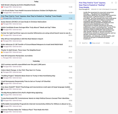 Pg-RSS external news feeds: Wednesday 2024-05-15
News/analytics re: abuses of wealth, power, influence

📱 1-col: https://persagen.com/rss/pg-extnews.m.xml
💻️ 2-col: https://persagen.com/rss/pg-extnews.xml
🌐 Click title to go to external news source

Updated throughout the day
Victoria, Persagen.com 🙏

#persagen #news #CurrentEvents #politics #wealth #power #influence #ideology #populism #CultureWars #discrimination #HumanRights #LGBTQ+ #justice #climate #environment #capitalism #inequality #SocialJustice

Image: Pg-RSS news feed