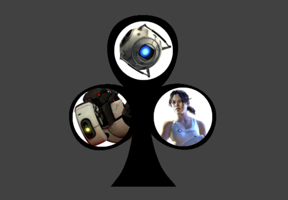 Wheatley, GLaDOS, and Chell from Portal 2 depicted in the ashen quadrant from Homestuck, specifically in a parody of page 2397 during the troll romance exposition dump. Wheatley is the auspistice. (He sucks at it, by the way.)