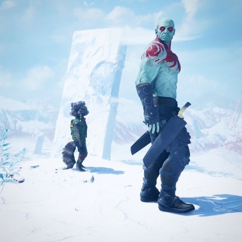 Drax and Raccoon Rocket on ice planet