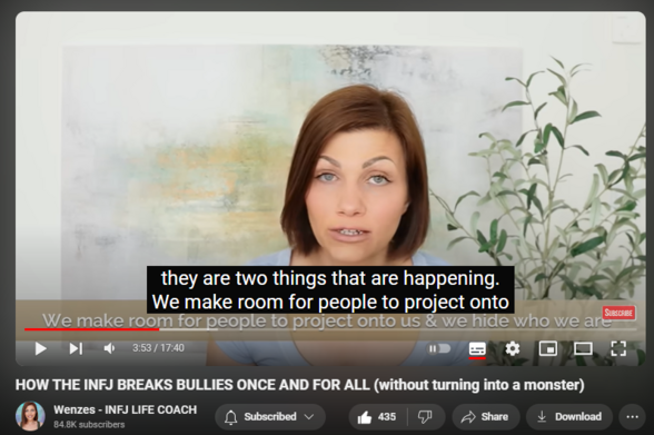 https://www.youtube.com/watch?v=MkG_rohsy7Q
HOW THE INFJ BREAKS BULLIES ONCE AND FOR ALL (without turning into a monster)

4,610 views  15 May 2024  #INFJ #INFJLIFECOACH #LIFECOACHING
Free INFJ EPIC LIFE Formula Poster: https://infjformula.gr8.com/ 
Get the INFJ Audio GUIDE TODAY!!! https://wenzes.thinkific.com/courses/... 
Join INFJ Bootcamp Waiting List https://bootcampwaitinglist.wenzes.com/

INFJ Life Coach  Lesson: Explore the strategies that INFJs can employ to prevent others from treating them and those around them poorly. Gain a deeper understanding of the root causes behind such negative behaviors, and learn effective methods to liberate yourself and others from the cycle of disrespect. By adopting these strategies, you can foster a more positive and respectful atmosphere. Take proactive steps towards making a significant impact by demonstrating to others the critical value of kindness and respect in all interpersonal relationships. This guide aims to empower INFJs to lead by example, transforming their environments into places where empathy and understanding prevail.

All INFJ EPIC LIFE Programs: https://programs.wenzes.com/collections
Free Resources: https://wenzes.com/INFJ-Free-Resource/