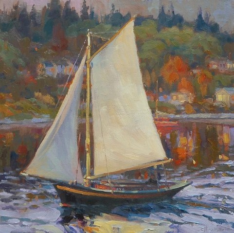 Art print of an original oil painting depicting a sailboat on the bay in the late afternoon.