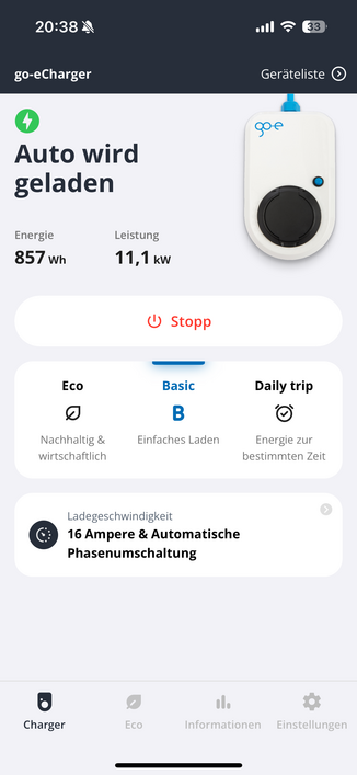 Screenshot der go-eCharger-App mit Infos zum Ladevorgang. 
