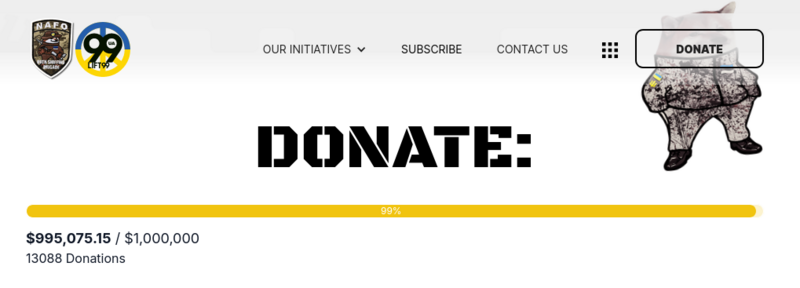 $995,075.15 / $1,000,000 13088 Donations 
screenshot with a NAFO fella cartoon, and help99/NAFO logos