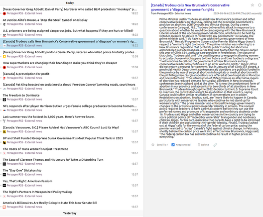 Pg-RSS external news feeds: Thursday 2024-05-16
News/analytics re: abuses of wealth, power, influence

📱 1-col: https://persagen.com/rss/pg-extnews.m.xml
💻️ 2-col: https://persagen.com/rss/pg-extnews.xml
🌐 Click title to go to external news source

Updated throughout the day
Victoria, Persagen.com 🙏

#persagen #news #CurrentEvents #politics #wealth #power #influence #ideology #populism #CultureWars #discrimination #HumanRights #LGBTQ+ #justice #climate #environment #capitalism #inequality #SocialJustice

Image: Pg-RSS news feed
