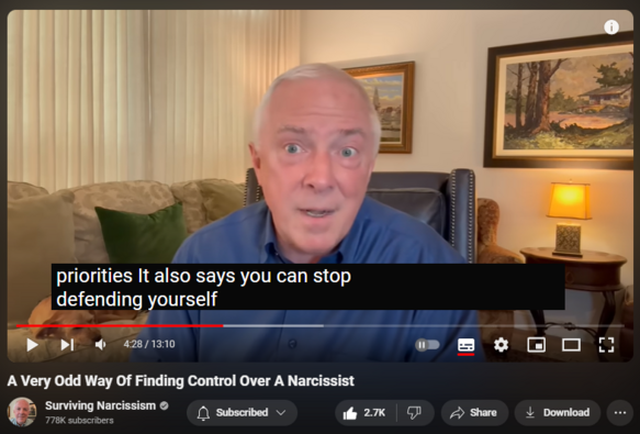 https://www.youtube.com/watch?v=1-J4ZrwtIXw
A Very Odd Way Of Finding Control Over A Narcissist


30,540 views  Premiered on 11 May 2024
Since narcissists are relentless in their efforts to control you, it's easy to fall into bad habits in reverse.  Dr. Les Carter highlights some of the common pitfalls, then offers a spot-on, proven way to stay out of their clutches.  Once you learn it, you (not the narcissist) are the one in control.

If you are interested in online therapy, Dr. Carter has a sponsor who can assist.  Go to our sponsor https://betterhelp.com/drcarter for 10% off your first month of therapy with BetterHelp and get matched with a therapist who will listen and help.

Sign up for Dr. Carter's course launching on May 28th: Anger Games
https://courses.survivingnarcissism.t...
Get 30% off when you order during our presale! 

Dr. Les Carter is a best selling author and therapist who has semi-retired to Waco, TX. For 40+ years he maintained a counseling practice in Dallas, conducting more than 65,000 therapy sessions and many workshops and seminars.  He specializes in anger management and narcissistic personality disorder.  Since creating his YouTube channel, his videos have received more than 110 million views.