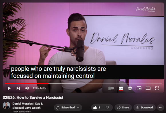 https://www.youtube.com/watch?v=GW10RUD1Imw
S2|E26: How to Survive a Narcissist

100 views  12 Dec 2023  Deep Penetration Podcast with Daniel Morales
People who are TRULY narcissists are focuses on maintaining control at whatever cost. They will break you down emotionally and mentally over time and will manipulate every situation so that you come to believe YOU are at fault and they are the victims. So, how to you identify a narcissist? It can be very hard in the beginning because their controlling behavior might appear as self-confidence or genuine concern for your wellbeing, but her are 5 common traits and behaviors that you should be on the lookout for:
 
1. Overly Self-Centered: they tend to talk about themselves and their accomplishments a lot, and may not show much interest in your life or feelings.
 
2. Sense of Entitlement: they believe they are special and deserve special treatment. They may expect you to go out of your way to please them.
 
3. Lack Empathy: they have a hard time putting themselves in other people's shoes and may not be able to understand or care about how you're feeling.
 
4. Controlling: they may try to control what you do, who you see, and how you think.
 
5. Inflated Sense of Self-Importance: they believe they are better than others and may belittle or put down those around them.