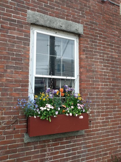 An old brick wall has a window in the center. The window has large old granite lintel pieces. The window with 6 over 6 panes is closed, reflecting the other side of the street and the phone pole with wires subtly. 

But the red wooden window box on the bottom is full of flowers, arranged in lovely bunches from the purple delicate ones on the left, to some white shorter ones next, some taller yellows, some much taller purple springs, to some flaming tulips, and these repeat kind of symmetrically to the right. So it just has a lovely arch of flowers in the back and some smaller ones in front.