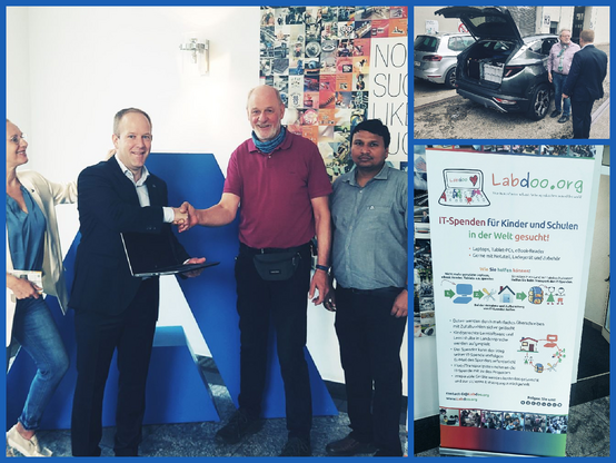 Collage aus 3 Fotos: 
Im Bürogebäude von ANDRITZ Küsters in Krefeld stehen 4 Personen vor einem Firmenlogo. Von links nach rechts stehen Sigrid Krause (Assistenz der Geschäftsführung ANDRITZ Küsters), Mirko Bosold (Vice President Finance, Controlling and IT), Ulrich Guzinski (Labdoo), Ajay Upadhyay (Leiter IT ANDRITZ Küsters). Herr Bosold und Herr Guzinski in der Mitte halten einen Laptop zwischen sich und schütteln sich die Hand.
Ein weiteres Fotos zeit das Roll-Up von Labdoo.
Auf dem 3. Foto verlädt Friedrich Weber (Labdoo) Faltboxen voller IT-Spenden in einen Wagen und spricht dabei mit Herrn Bosold. Die Heckklappe eines Wagens ist geöffnet. 
