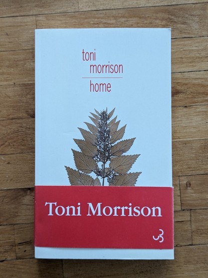 Couverture blanche comportant un dessin de feuille d'arbre marron.
roman 'Home' de l'américaine Toni Morrison