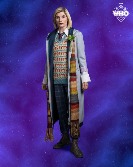 Jodie as the Doctor, in a brilliant amalgam of previous Doctor's outfits