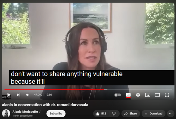 https://www.youtube.com/watch?v=e1OHm0WuwJ4
alanis in conversation with dr. ramani durvasala

2,780 views  17 May 2024  #AlanisMorissette #RamaniDurvasula
Alanis sat with Dr. Ramani Durvasala and dove deeply into the effects of narcissism on relationships and culture. In this conversation, various classes of personality disorders and styles are clarified, along with the motivations that drive the different profile types. Thoughts on where change might be expected, and where not, discussed along with other insightful information for those most subject to being affected.