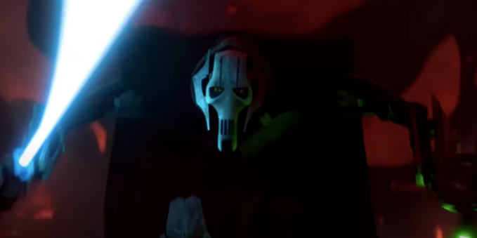 an image of general grievous, he is facing the viewer, his lightsaber one of his right hands, glowing blue, his dark cloak billowing, a dark red background , his robotic skull-like mask looking at the viewer 