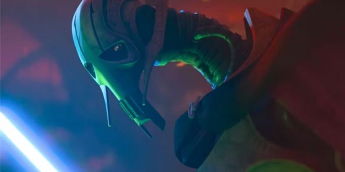 general grievous seen from his chest up, turning and looking at the viewer, holding a blue lightsaber, a dark red and black hellish background 