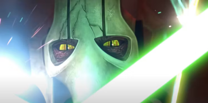 a close-up of his face, his lightsaber sparking, diagonally across the screen, his reptilian - like eyes looking at the viewer 